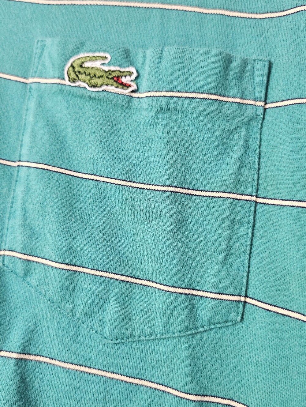Vintage Izod Lacoste Turquoise Stripe Polo Shirt L 100% Cotton Single Stitch - Picture 3 of 8